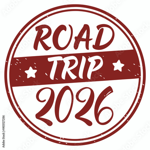 Retro Red Road Trip 2026 Stamp Graphic - Vintage Travel Adventure Design with Stars