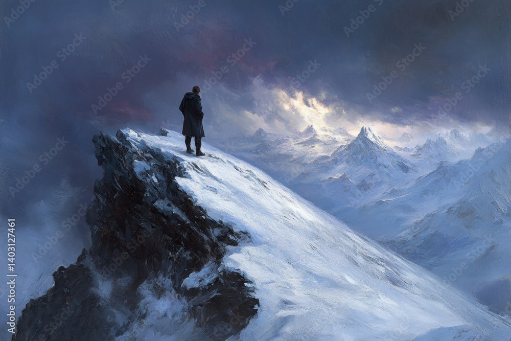 Solitary figure on a snow-capped mountain peak gazes at a vast alpine landscape. Solitary figure on a snow-capped mountain peak gazes at a vast alpine landscape.