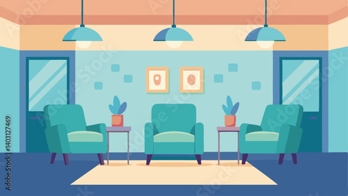 A serene waiting room with soft lighting and plush chairs for patients to relax while they wait.