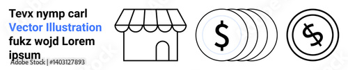 Storefront icon alongside stacked dollar coins and circular currency sign, representing business, finance, profits, commerce, investment, and economic concepts. Ideal for retail, startups