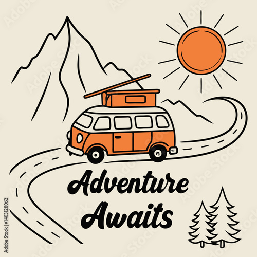 Sunny Mountain Road Trip Vintage Campervan Art