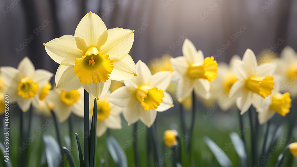 A vibrant yellow daffodil glowing against a soft springtime smoothly blurred in the background. A vibrant yellow daffodil glowing against a soft springtime smoothly blurred in the background.