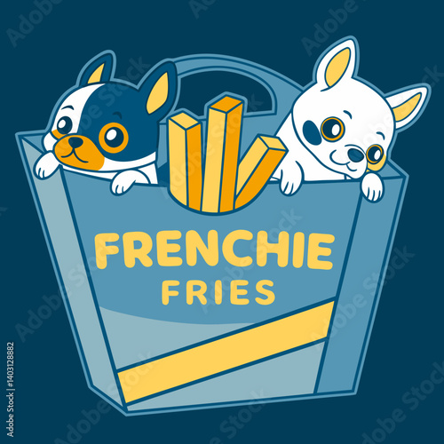 Cute Cartoon French Bulldog Puppies Frenchie Fries Blue Box Vector Art