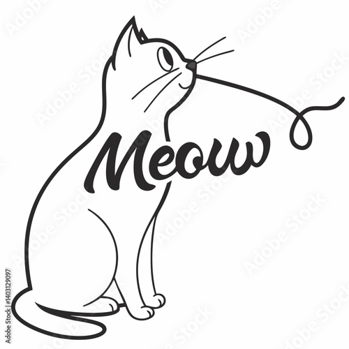 Cute Cartoon B&W Cat Vector Line Drawing "Meow"
