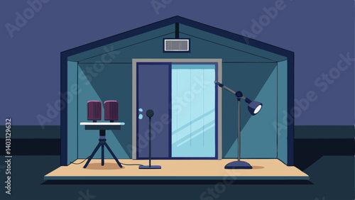 A soundproof recording booth for creating podcasts or recording music.