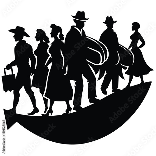 Silhouetted People Walking Upward on Arrow: Retro Style Illustration of Progress, Growth, and Economic Mobility, Black and White Graphic Art