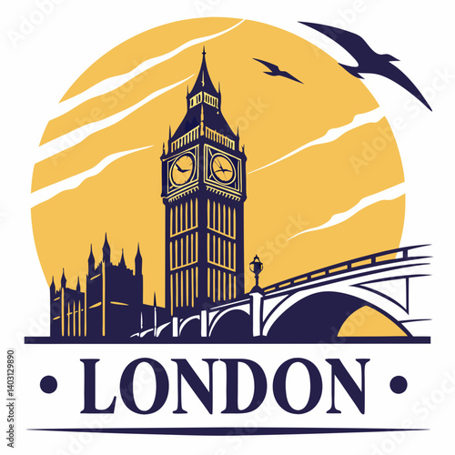Iconic London Big Ben Westminster Bridge Vector Illustration Sunset Skyline England Travel
