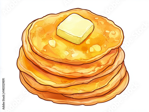 Delicious stack of homemade pancakes with butter and syrup on a white background