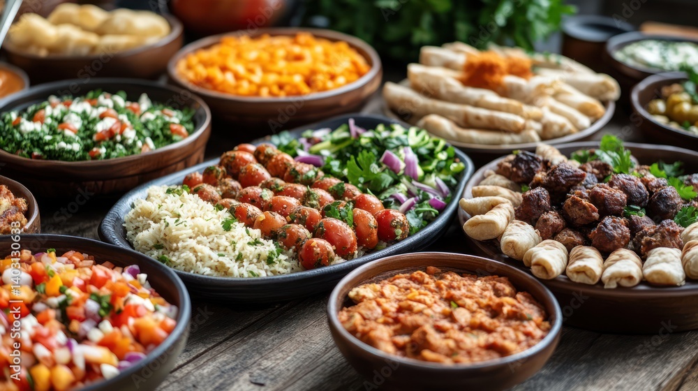 Rustic table, diverse Middle Eastern buffet, food photography, website banner Rustic table, diverse Middle Eastern buffet, food photography, website banner