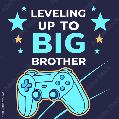 Leveling Up to Big Brother - Blue Video Game Controller Cartoon with Stars - Sibling Pregnancy Announcement