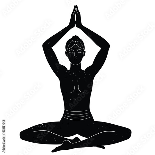 Yoga Pose Silhouette Vector Art: Woman in Lotus Position Meditating with Hands in Prayer Mudra, Spiritual Wellness Illustration
