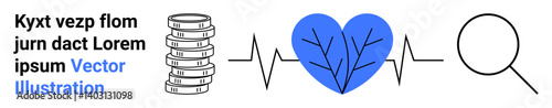 Coins stack, heartbeat line, blue heart with branches, magnifying glass for health monitoring and data. Ideal for healthcare, analysis, technology, research, finance wellness simple landing page