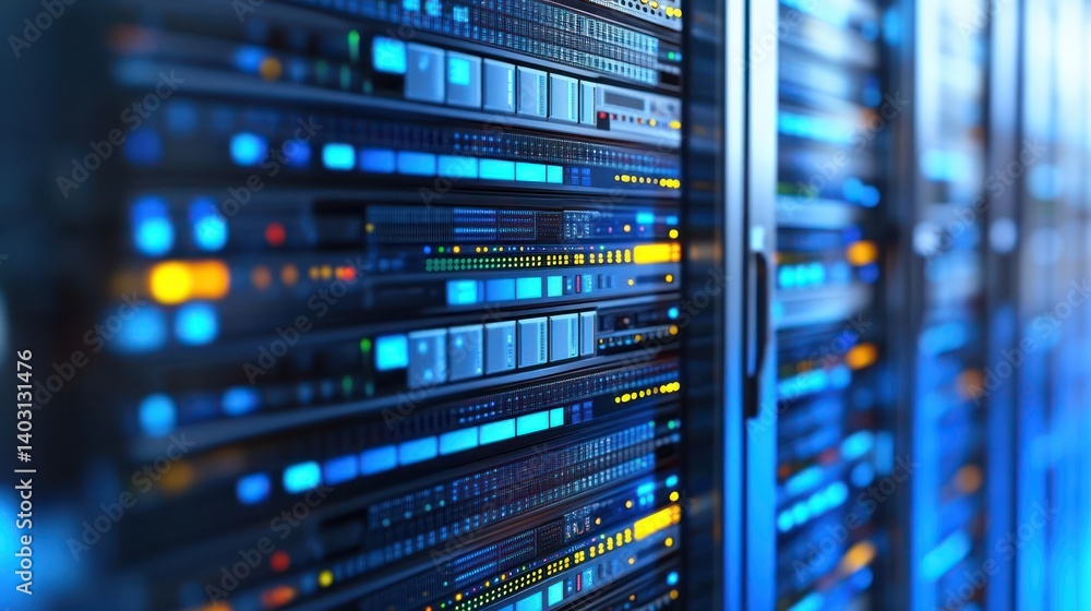 Data center servers glowing, network operations, technology infrastructure, background blurred racks, digital storage Data center servers glowing, network operations, technology infrastructure, background blurred racks, digital storage