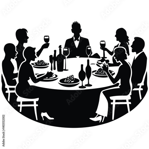 Elegant Dinner Party Silhouette: Formal Dining, Wine, and Social Gathering Illustration for Events and Celebrations
