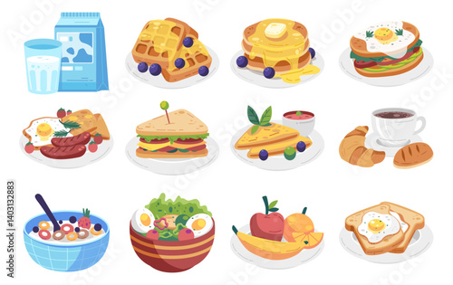 Diverse Breakfast Delight: An array of mouthwatering breakfast dishes and drinks arranged on plates, inviting a feast for the eyes and a symphony of flavors, a colorful scene of culinary abundance.