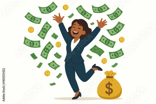 Successful Businesswoman Celebrating Financial Achievement with Falling Money and Bag of Wealth in Professional Attire