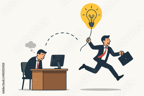 Businessman Escaping Desk Job with Bright Idea Concept, Innovation and Creativity Symbolized by Light Bulb Balloon, Entrepreneur Breaking Free from Routine Work to Pursue Success