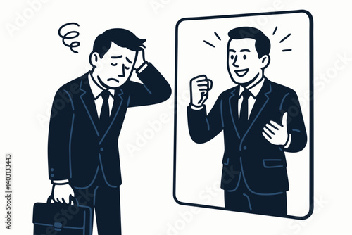 Businessman Reflecting Confidence and Motivation in Mirror Illustration for Personal Growth and Self-Empowerment Concepts