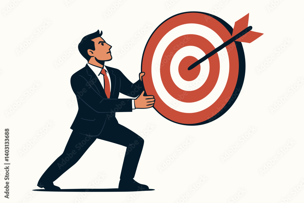 Confident Businessman Holding Bullseye Target with Arrow Symbolizing Strategic Goals, Achievement, and Professional Success in Corporate Leadership Confident Businessman Holding Bullseye Target with Arrow Symbolizing Strategic Goals, Achievement, and Professional Success in Corporate Leadership