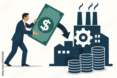 Businessman Investing Money in Manufacturing Industry with Factory Icon, Gears, and Profit Growth Concept in Flat Vector Illustration
