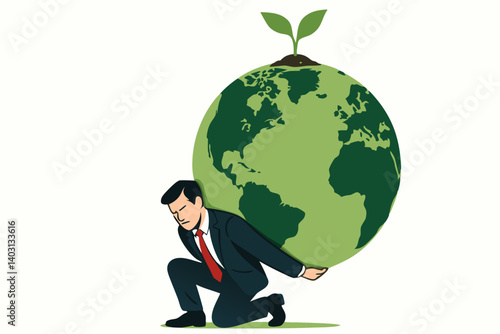 Businessman Carrying the Earth with Growing Plant Symbolizing Environmental Responsibility, Sustainability, and Corporate Accountability