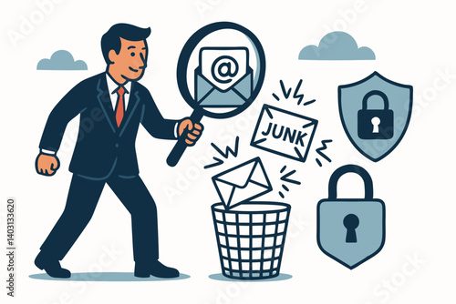 Businessman Investigating Email Security and Spam with Magnifying Glass, Protecting Data with Lock Icons, Cybersecurity Concept for Junk Mail Filtering and Online Threat Prevention
