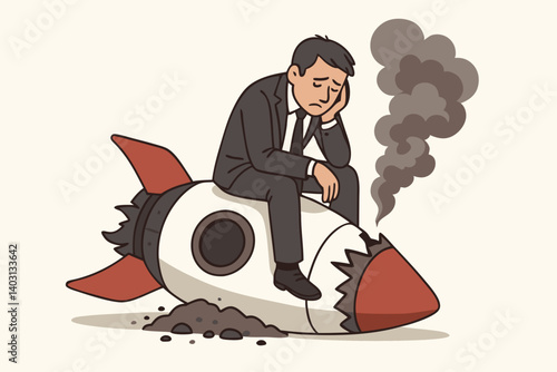 Business Failure Concept Illustration with Sad Businessman Sitting on Crashed Rocket Symbolizing Startup Setbacks, Financial Losses, and Entrepreneurial Challenges