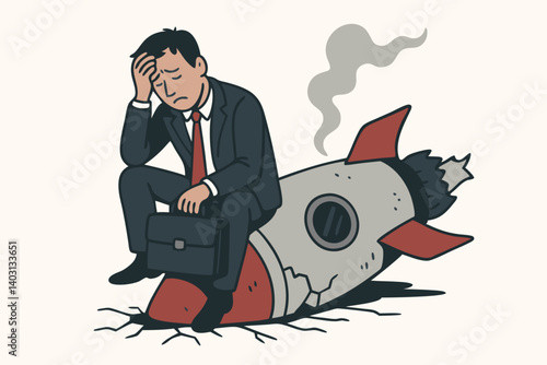 Businessman Sitting on Crashed Rocket Symbolizing Failed Startup, Financial Loss, and Career Struggles in a Cartoon Illustration