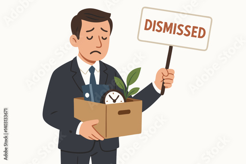 Businessman Holding Dismissed Sign and Box of Belongings Symbolizing Job Loss, Unemployment, and Workplace Challenges in a Professional Setting