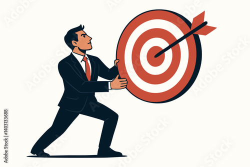 Confident Businessman Holding Bullseye Target with Arrow Symbolizing Strategic Goals, Achievement, and Professional Success in Corporate Leadership