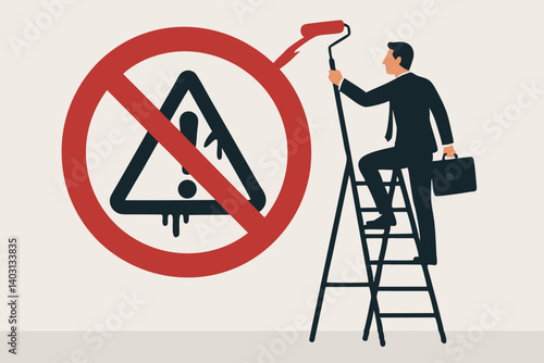 Businessman Erasing Hazard Warning Symbol with Paint Roller on Ladder, Concept of Risk Management, Problem Solving, and Eliminating Danger in Professional Environments
