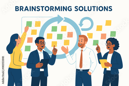 Diverse Business Team Brainstorming Solutions with Agile Workflow and Colorful Sticky Notes in a Collaborative Office Setting