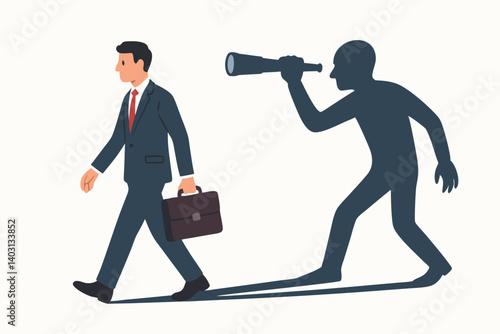 Businessman Walking with Briefcase and Shadow of Stalker Holding Telescope Symbolizing Surveillance, Privacy Concerns, and Workplace Intrusion