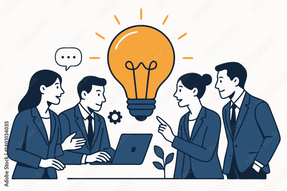 Business Team Collaboration and Innovation Concept with Light Bulb Idea Symbol in Modern Flat Design Illustration Business Team Collaboration and Innovation Concept with Light Bulb Idea Symbol in Modern Flat Design Illustration