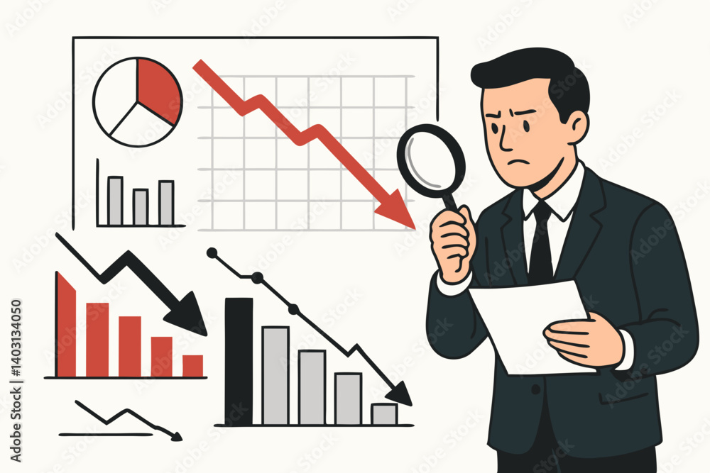 Businessman Analyzing Economic Downturn with Charts and Graphs, Financial Crisis Concept, Declining Market Trends and Statistical Data Representation in Flat Vector Illustration Businessman Analyzing Economic Downturn with Charts and Graphs, Financial Crisis Concept, Declining Market Trends and Statistical Data Representation in Flat Vector Illustration