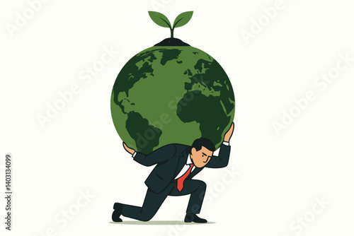 Businessman Carrying Green Globe with Growing Plant Symbolizing Environmental Responsibility and Sustainable Development
