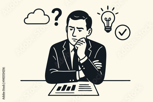 Minimalist Illustration of a Pensive Businessman in Formal Attire Contemplating Ideas with Lightbulb, Question Mark, and Checkmark Icons Representing Decision-Making and Problem-Solving