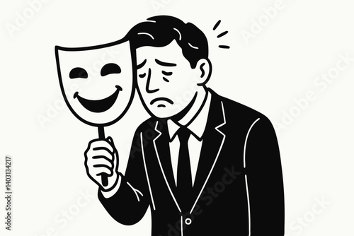 Black and White Illustration of a Businessman Holding a Smiling Mask Symbolizing Hidden Identity, Deception, or Dual Personality in Professional Settings