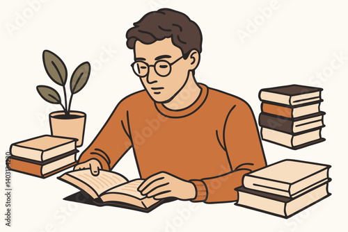Illustration of a Student Reading a Book Surrounded by Stacks of Books and a Potted Plant in a Cozy Study Environment
