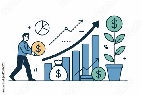 Flat Line Art Illustration of Financial Growth with Businessman, Money Bag, Bar Chart, and Investment Plant Representing Profit, Savings, and Economic Success