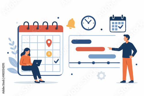 Modern Illustration of Efficient Schedule Management with Calendar, Gantt Chart, and Team Collaboration for Productivity and Time Planning in Business Environments