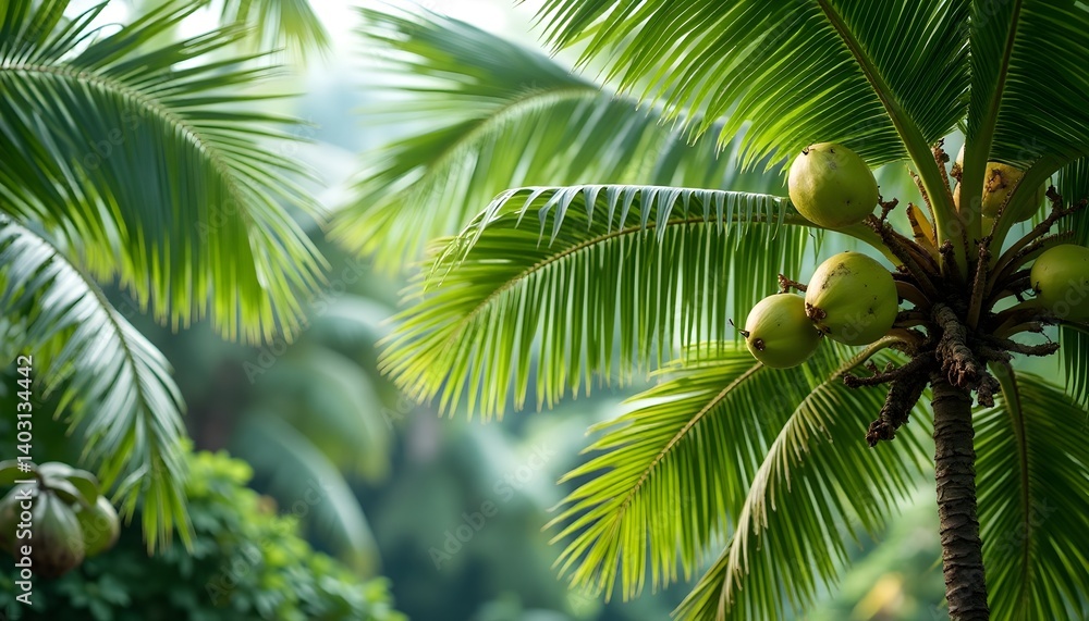 Fototapeta premium Lush green palm tree with young coconuts, bathed in soft sunlight. A tropical paradise scene.