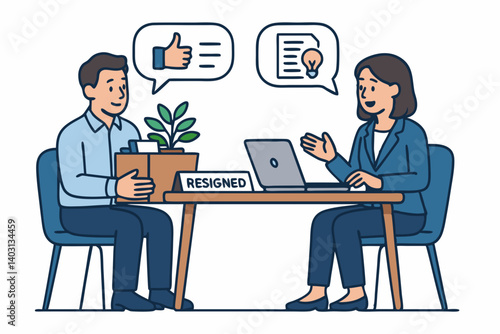 Professional Exit Interview Illustration Featuring Employee Resignation Process with Office Desk, Box of Belongings, and Manager Discussion in Modern Business Setting