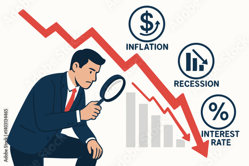Businessman Analyzing Economic Downturn with Inflation, Recession, and Interest Rate Indicators in Financial Crisis Concept Illustration