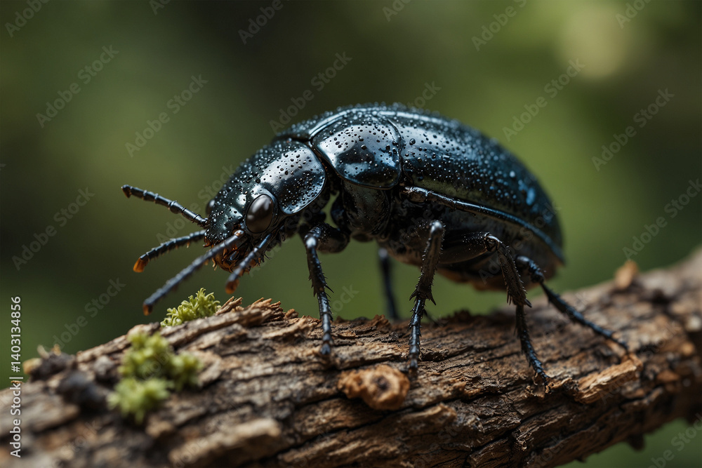 Fototapeta premium A macro shot of a beetle crawling on a branch, showcasing the intricate details of its shell in a fascinating and close-up natural scene