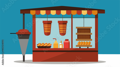 A Turkish doner kebab stall with a spinning meat skewer and various toppings displayed on the counter.