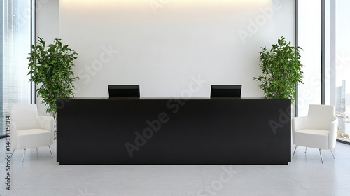 Sleek minimalist modern reception desk with large black counter and white chairs in bright office lobby, emphasizing simplicity, elegance, and modern aesthetics.