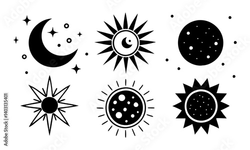 Download Sun And Night Moon With Stars Editable Stroke Outline  Icons Set Isolated On White Background Flat Vector Illustration.  Svg File For Design.