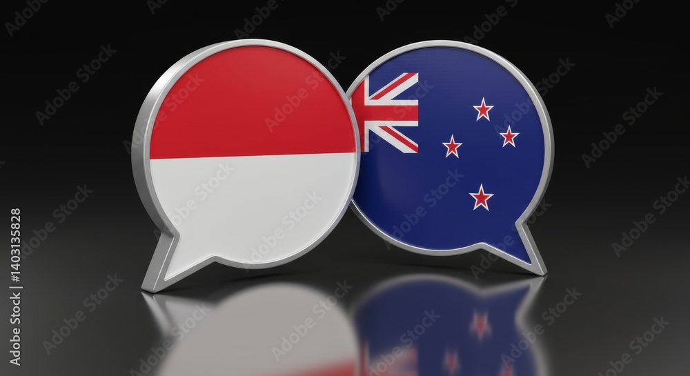 Dialogue between Indonesia and New Zealand represented through overlapping speech bubbles Dialogue between Indonesia and New Zealand represented through overlapping speech bubbles
