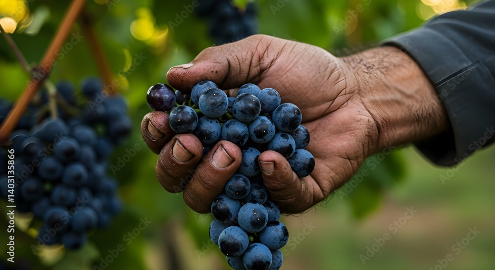 Obraz premium A farmer's weathered hand gently cradles a cluster of ripe, dark purple grapes, showcasing the beauty of nature's bounty.